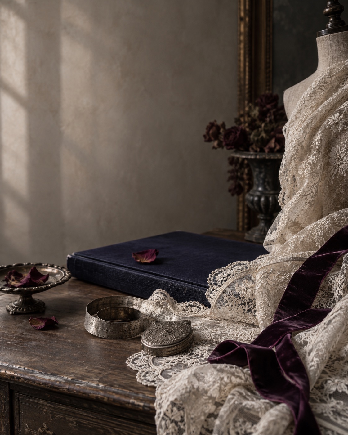 Editorial still life of ivory lace, deep-plum ribbon and a midnight-blue archive folio
